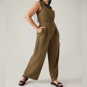 Athleta Brooklyn Heights Sleeveless Wide Leg Zip Jumpsuit Acacia Olive Green 16